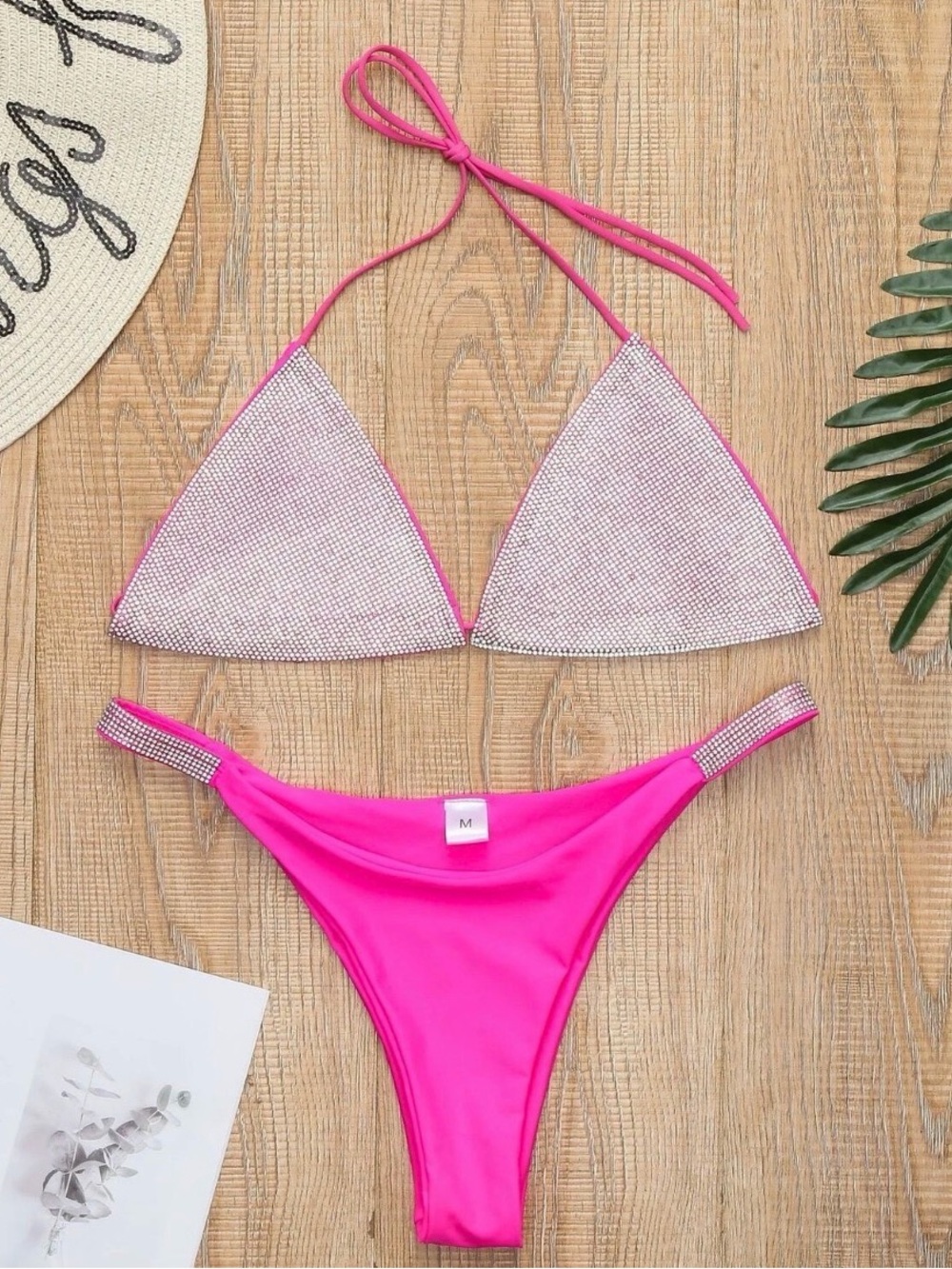NWT Gigi’s Zone Hot Pink Rhinestone Triangle Bikini Top & Bottom Set